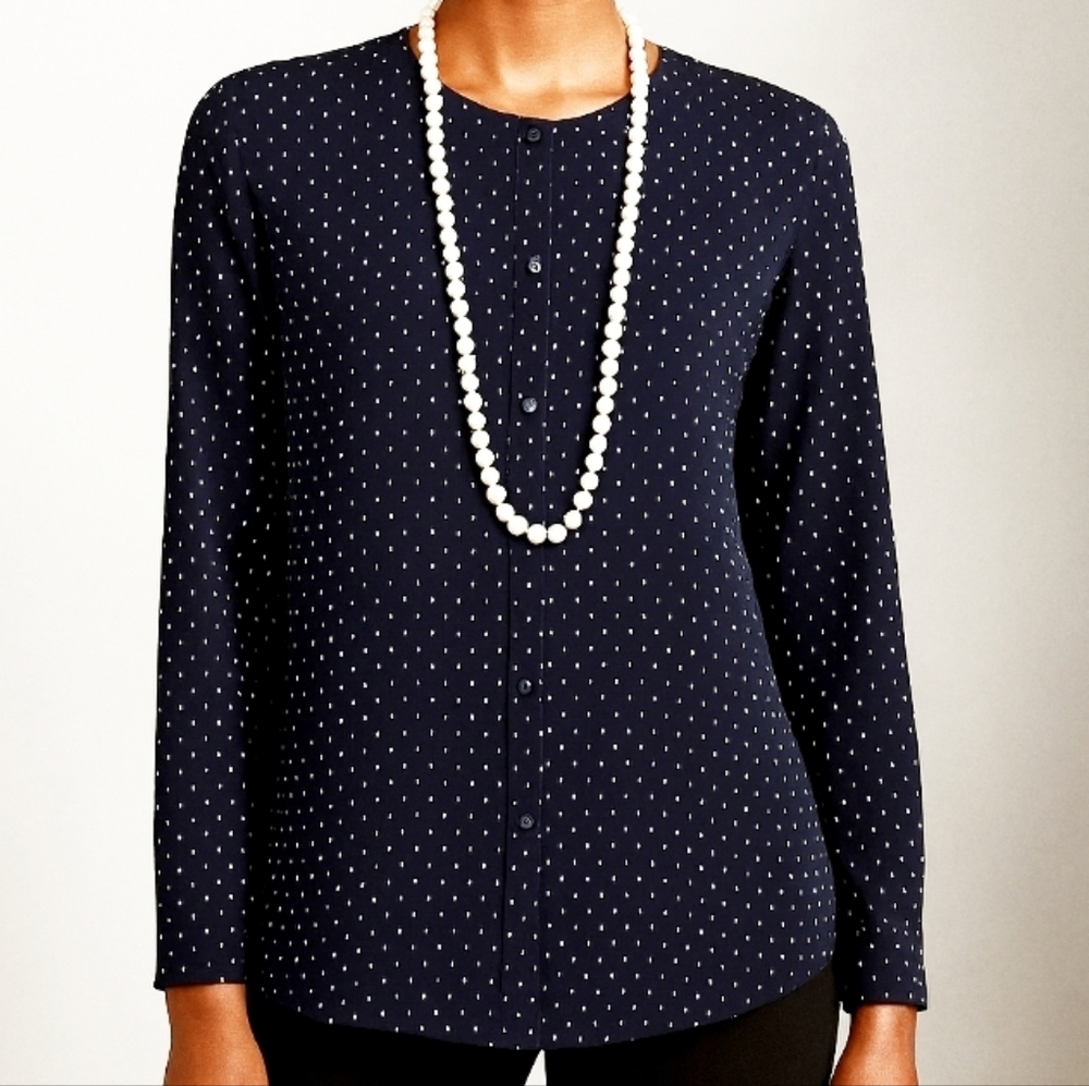 Jones New York Collarless Polka Dot Rayon Blouse Top Dark Navy White 14W